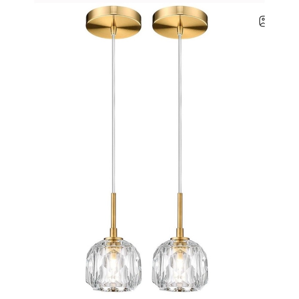 2 Pack AUTELO Gold Crystal Pendant Lights Kitchen Island Mini Fixtures‎ Brushed